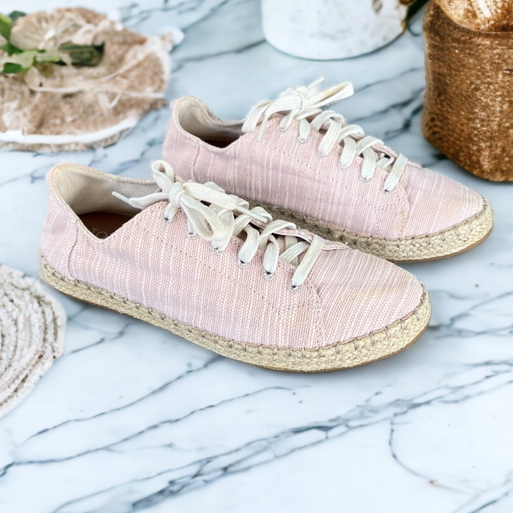 Toms Linen Espadrille Pink Lace Up Sneakers Size 6 - Picture 3 of 13